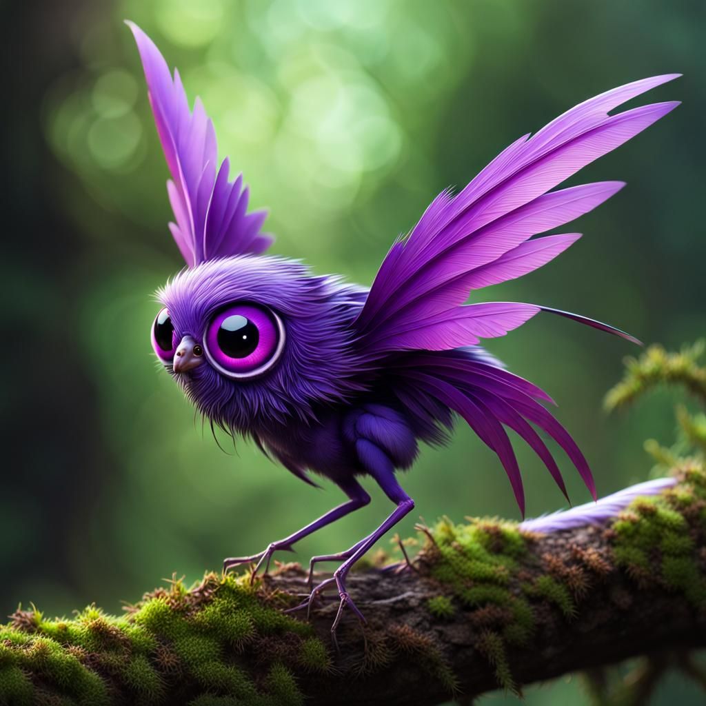 Bright Purple Feathered Creature with Huge Eyes