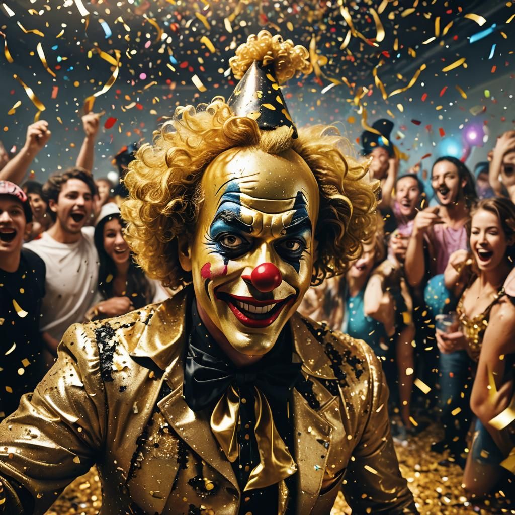 Gold and Black Clown in Pop Art Confetti Party
