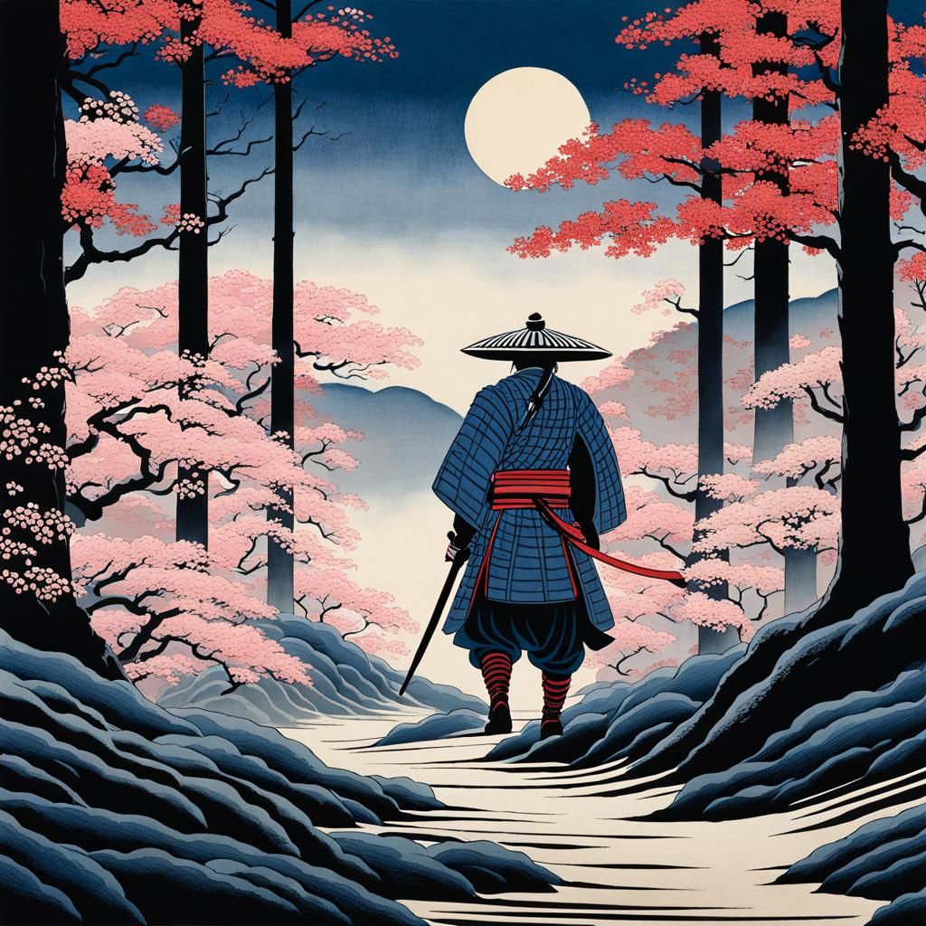 Samurai in Misty Forest: Ukiyo-e Woodblock Print