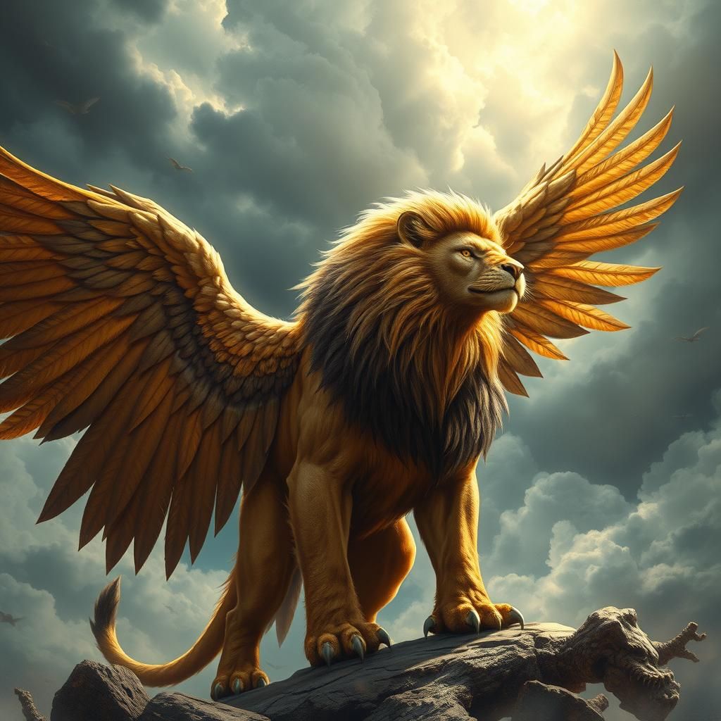 Majestic Griffin: Lion with Metallic Eagle Wings