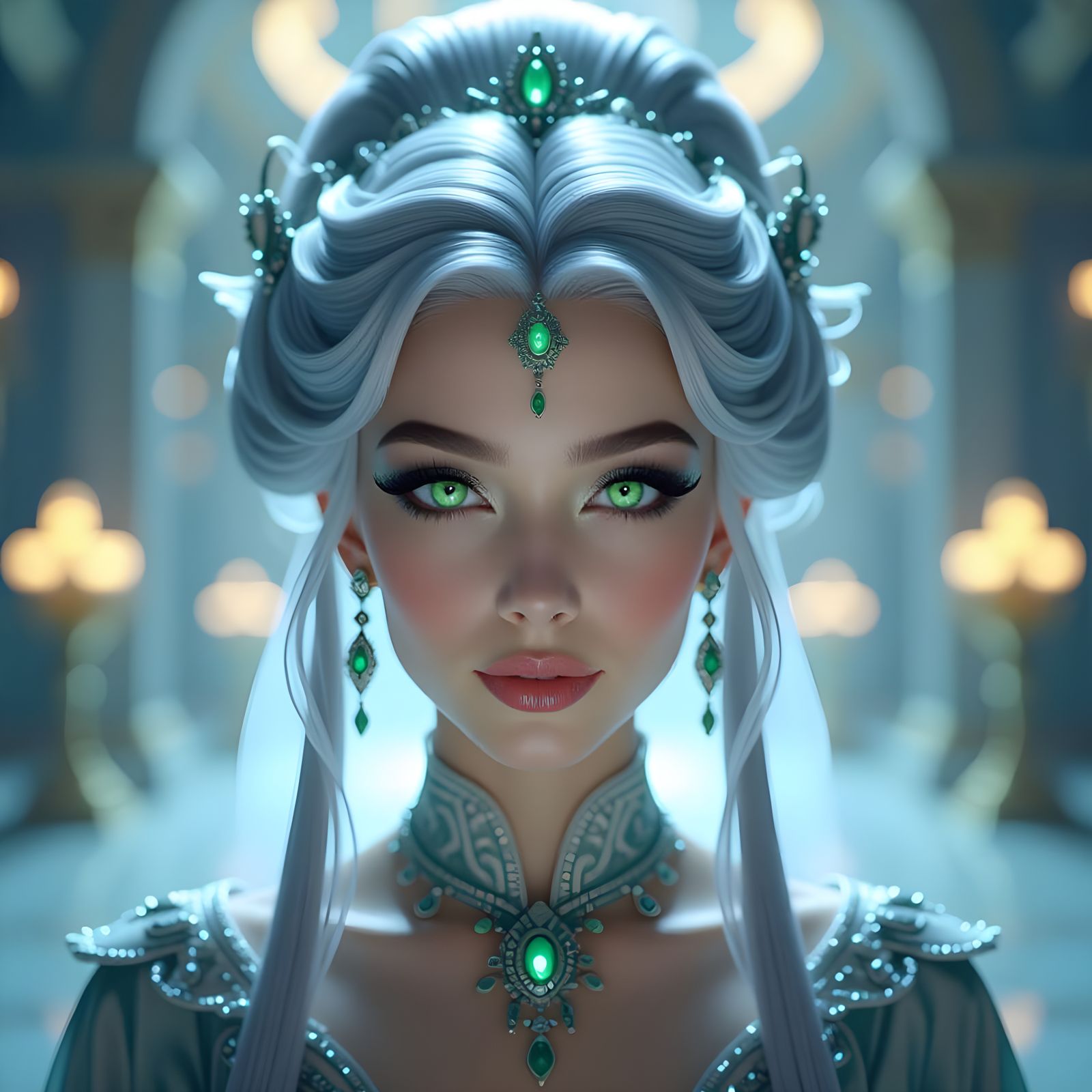 Alien Princess with Platinum Hair and Green Eyes