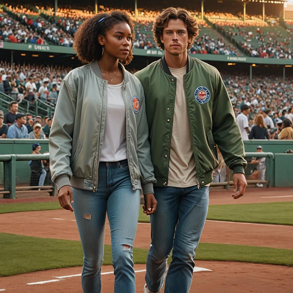 Couple Walks Past Stadium in Painterly Style