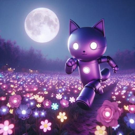 Purple Fox Robot Runs Under Starry Night Sky