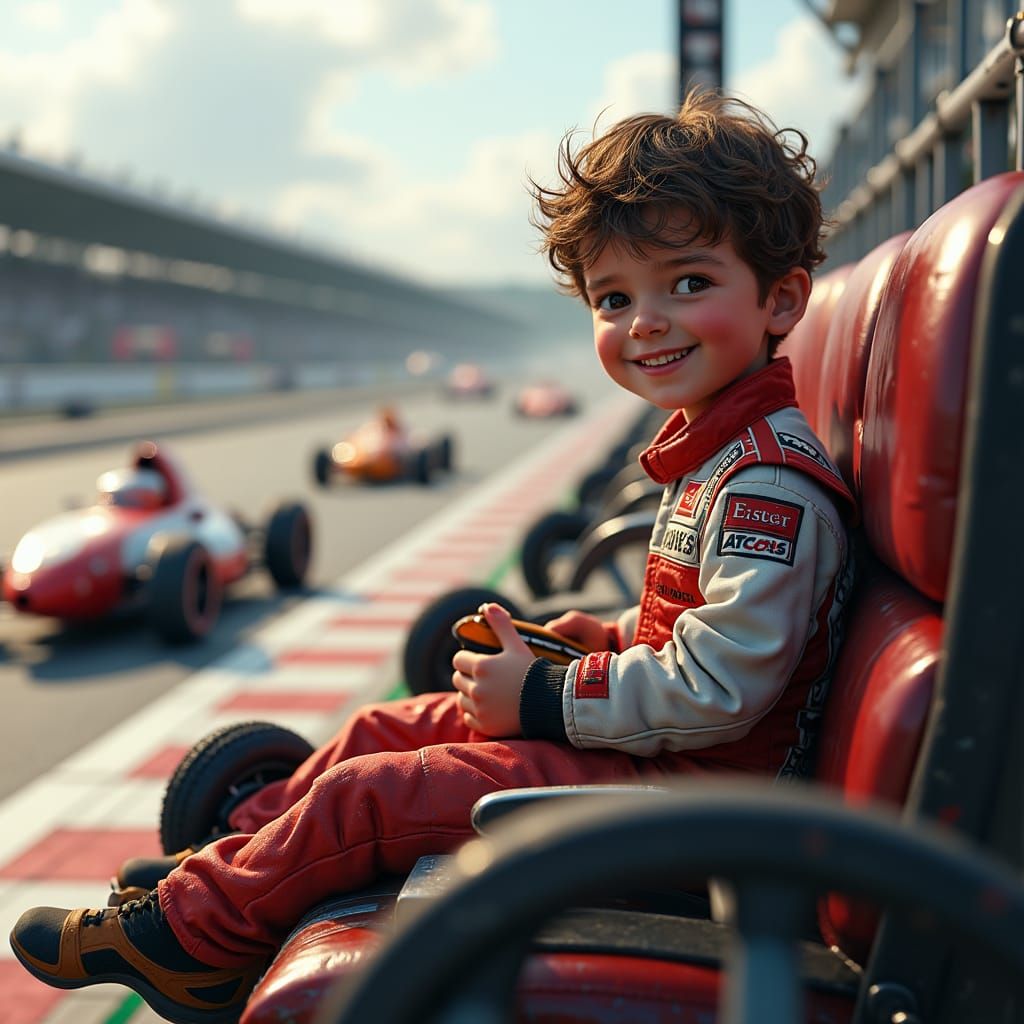 Boy Plays with Toy Cars at Racetrack
