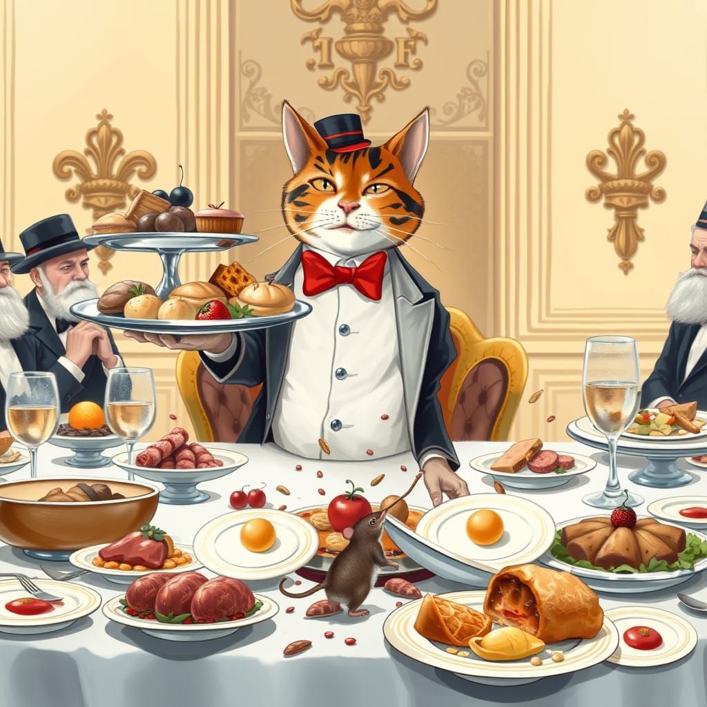Cat Waiter's Comedic Meal Mishap in Storybook Style