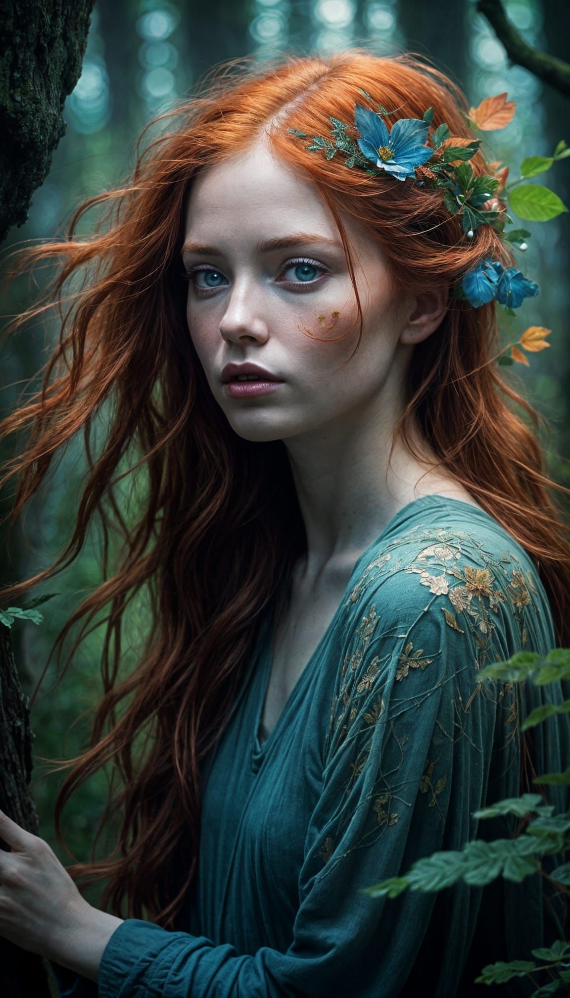 Ethereal Woman in Red Hair and Green Eyes, Emerging from a D...