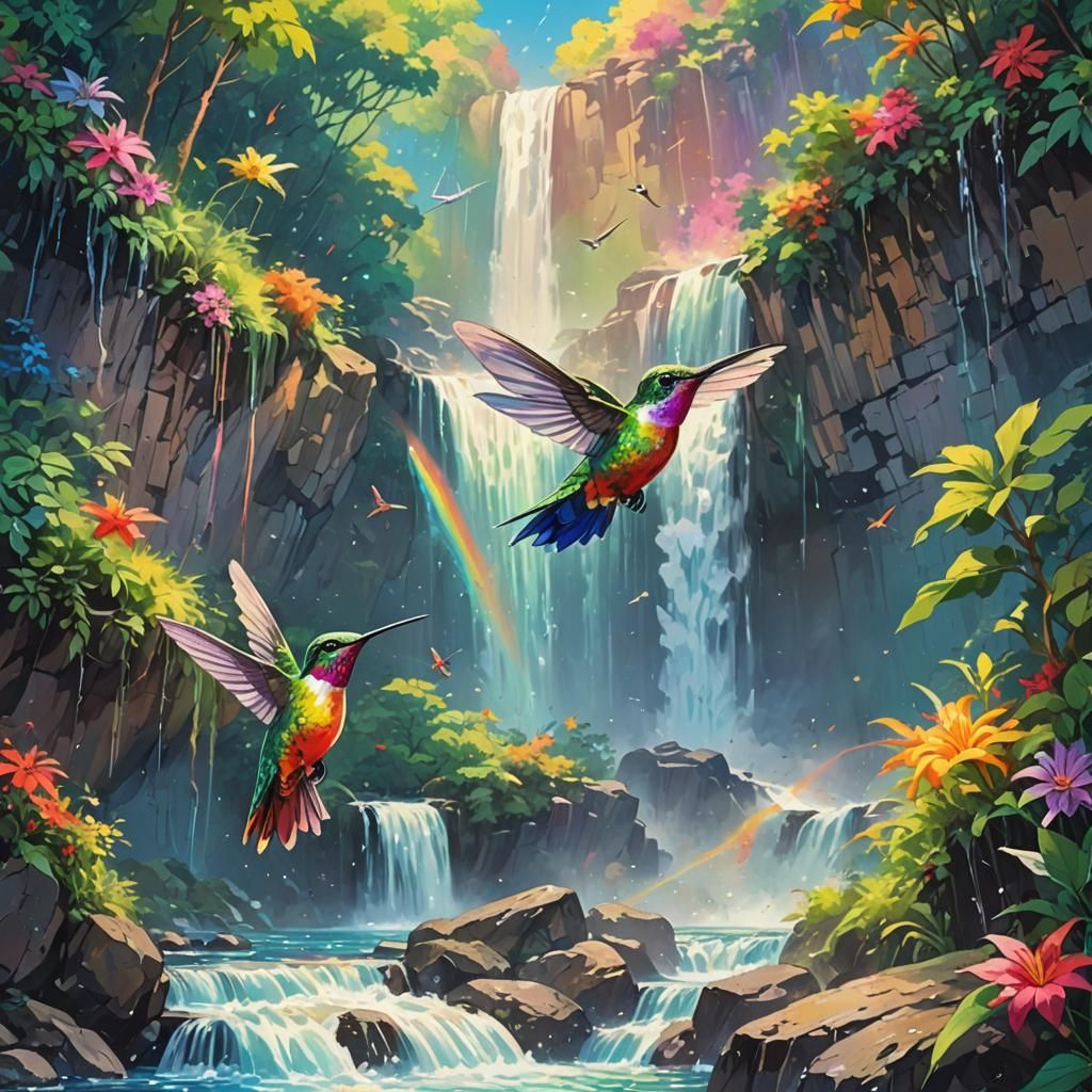 Hummingbird and Waterfall in Post-Impressionist Anime Style