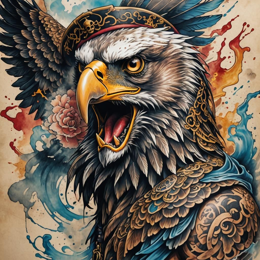 China Ink Eagle Tattoo in Pirate Style