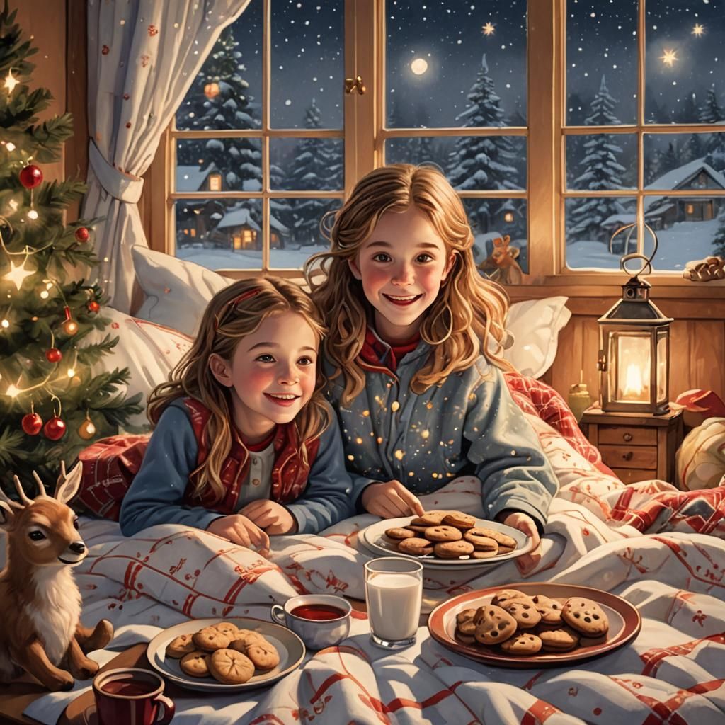 Magical Christmas Scene with Cozy Kids and Snowy Night