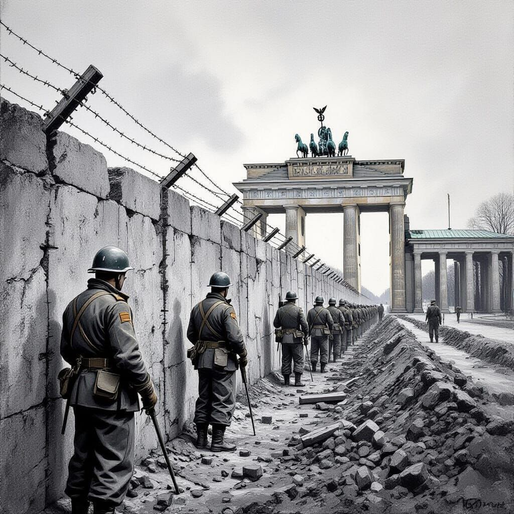 Berlin Wall Construction: Soviet Workers in Charcoal Style