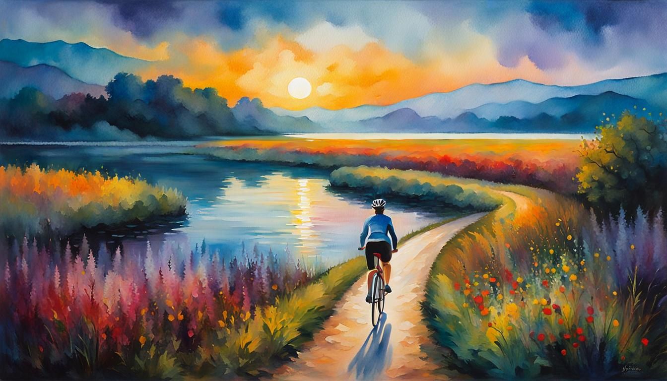 Cyclist at Lake Twilight: Neo-Impressionist Oil Painting