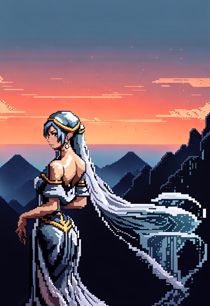 Elegant Pixel Art Dancer in Battlefield Setting