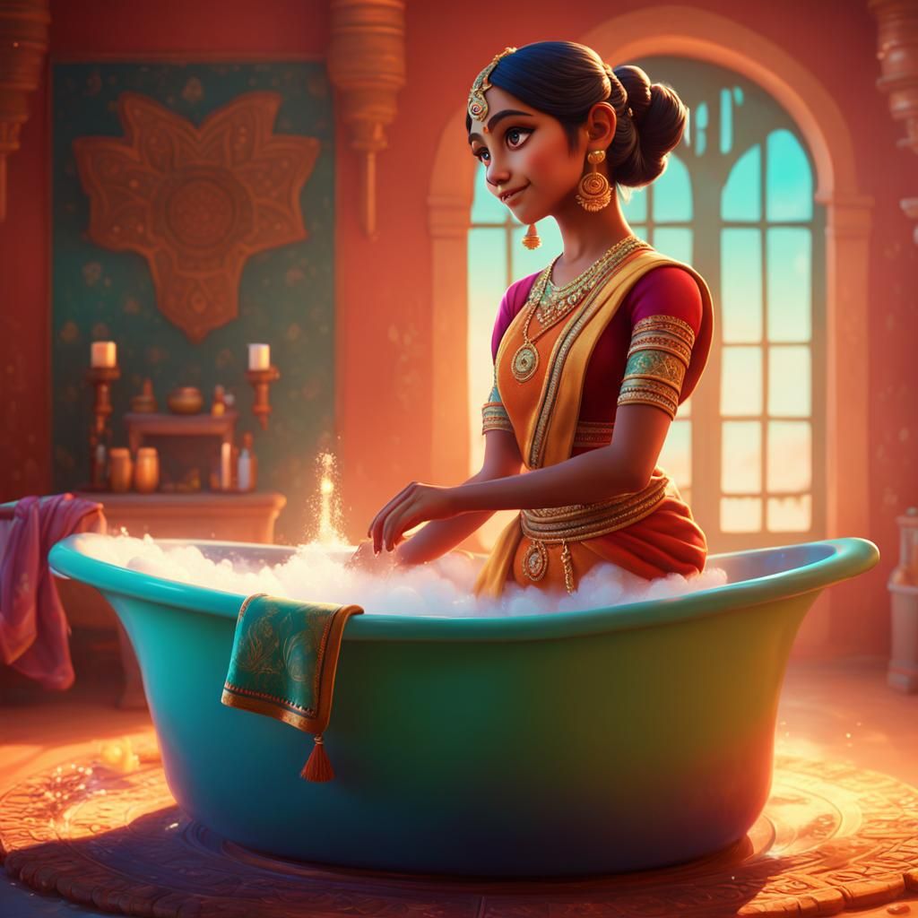 Indian Girl Bathing: Pixar-Style 3D Digital Art