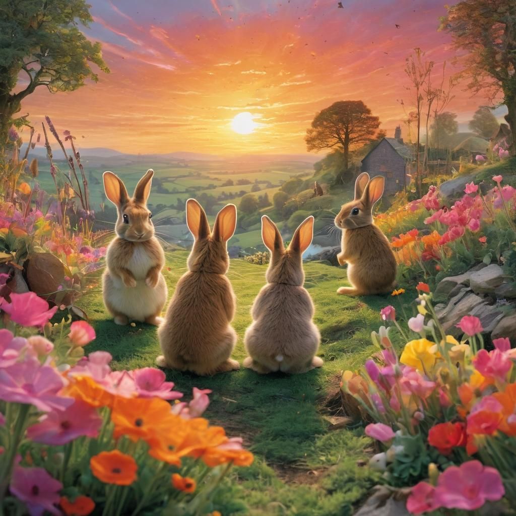 Colorful Sunset Bunnies in Pop Art Style