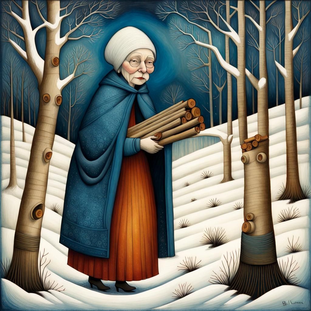 Old Woman Gathering Wood in Art Brut Style