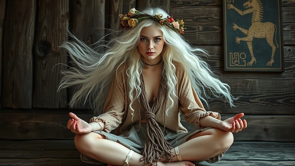 Hyperrealistic Witch-Herbalist in Lotus Position