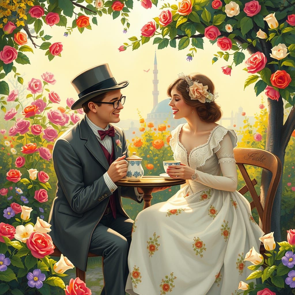 Couple in Garden Sipping Tea, Storybook Illustration