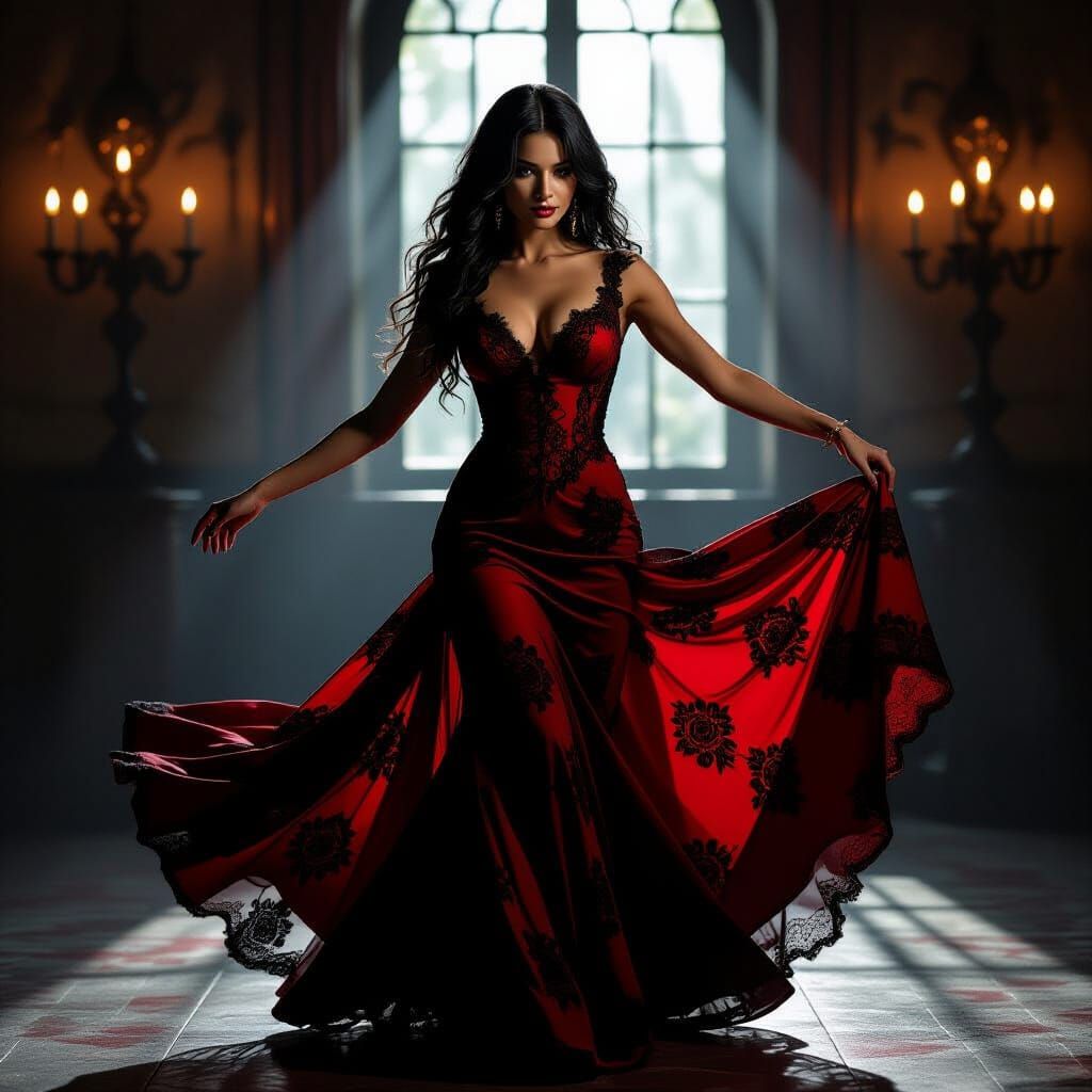 Spanish Woman Dances with Death in Candlelit Room