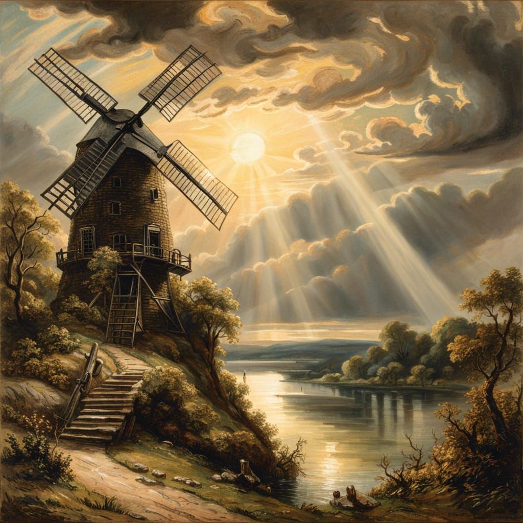 Windmill Overlooking Lake in Romantic Style