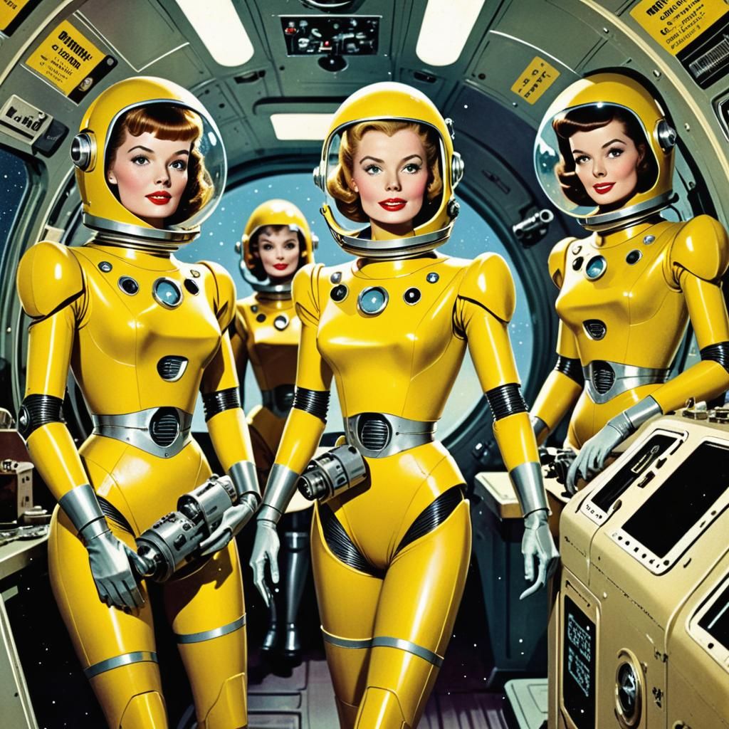 Retro Sci-Fi Magazine Cover with Robot Crew