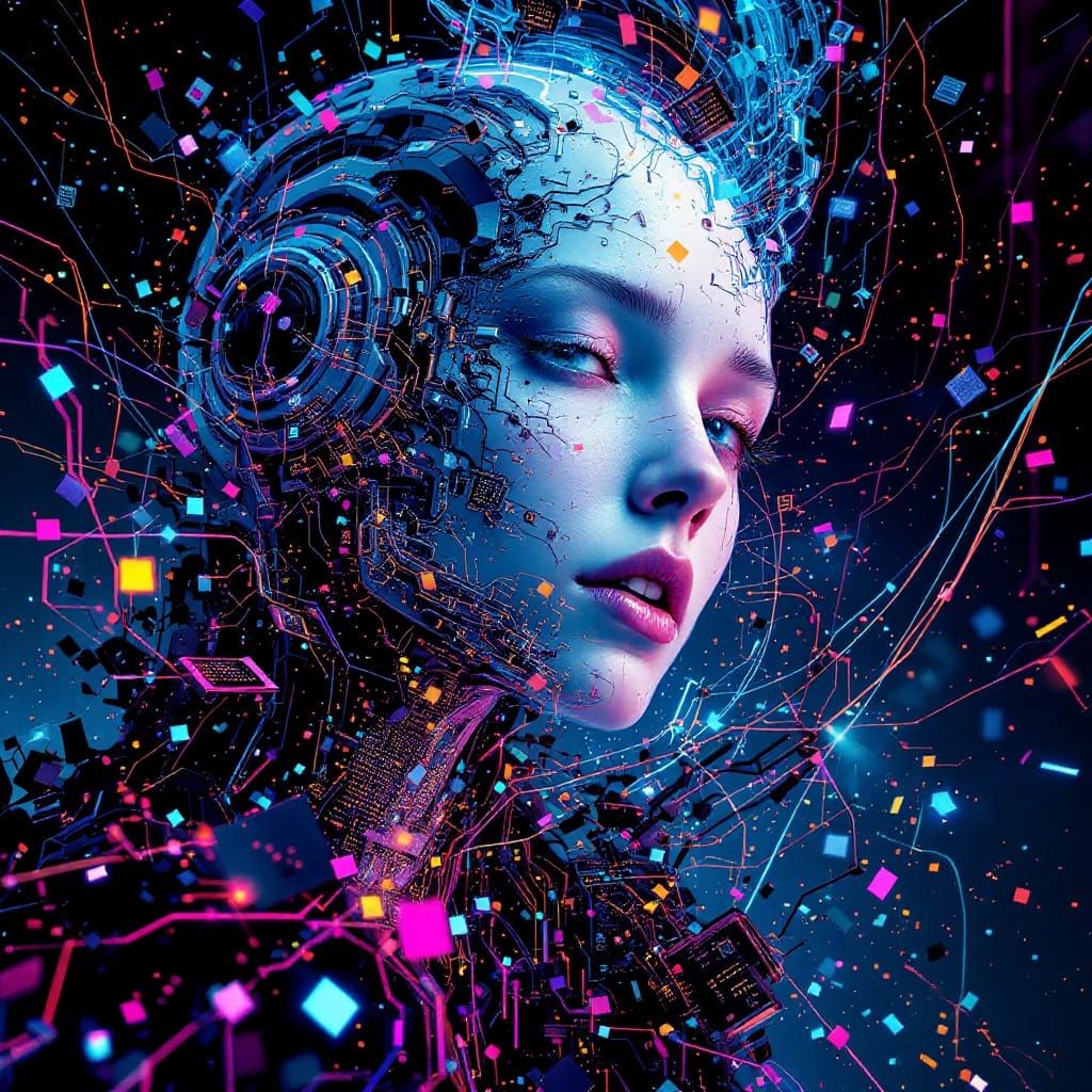 Cyborg Lost in Digital Dreamscape