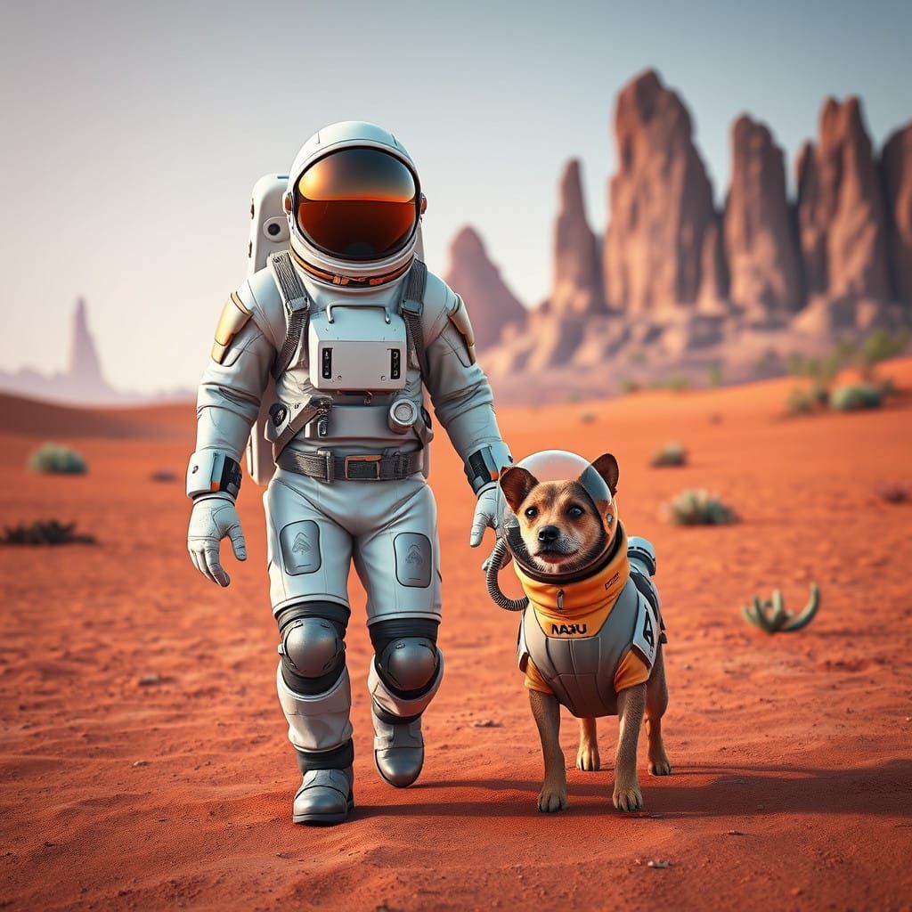 Astronaut and Miniature Spacesuited Terrier Explore Martian...