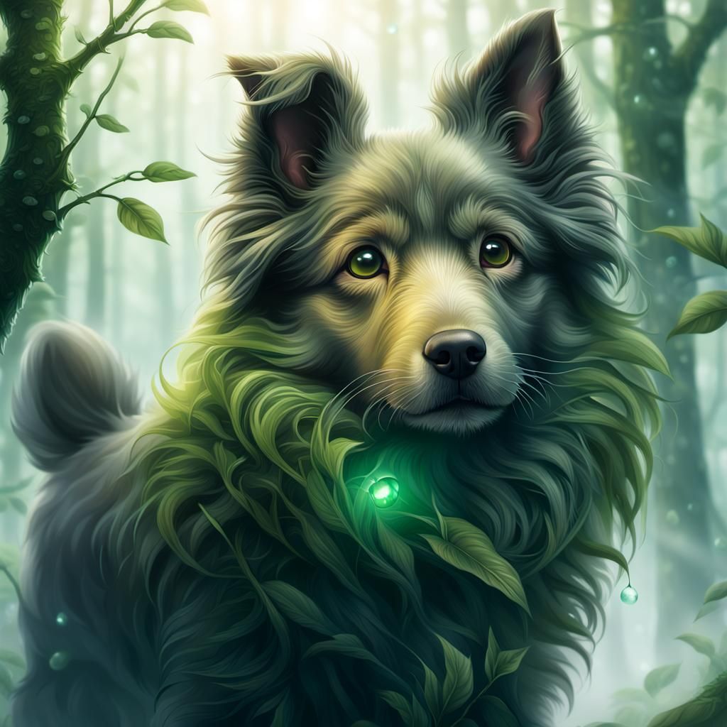 Hyper-Realistic Fluffy Puppy Portrait in Lush Forest