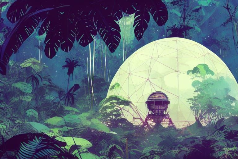 Rainforest Dome on the Moon in Cel-Shaded Style