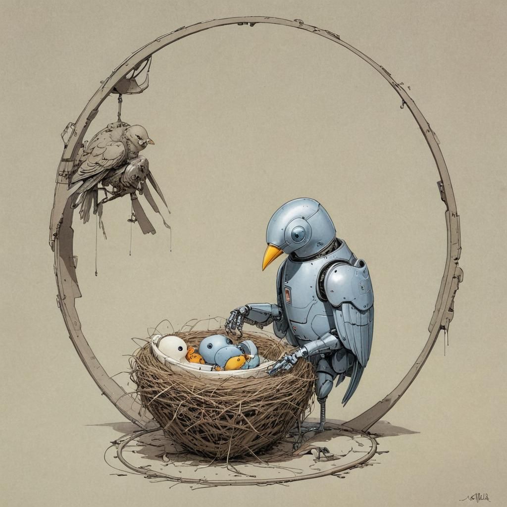 Minimalist Robot Bird Family in Hi-Tech Nest