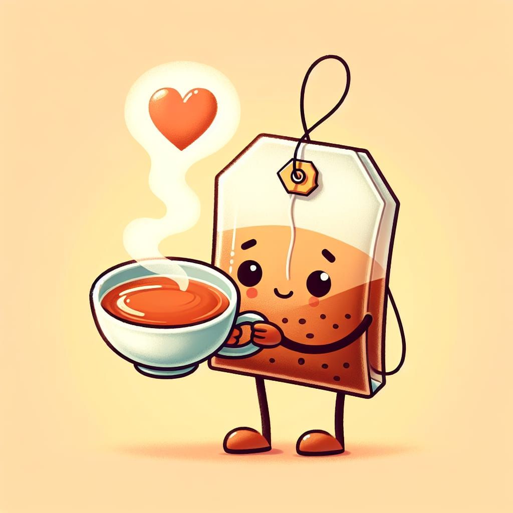Whimsical Tea Bag Character with Heart-Shaped Steam