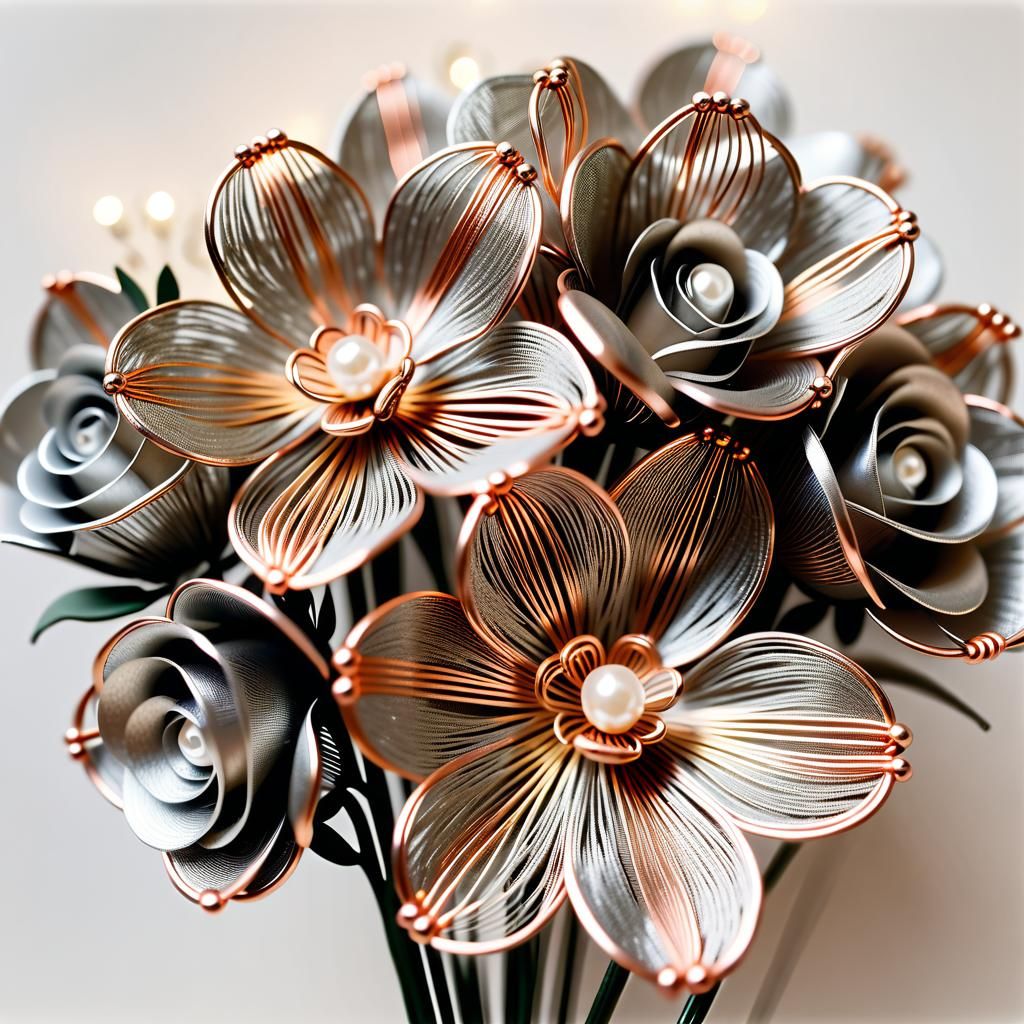 Minimalist Fiber Art Floral Bouquet with Metallic Accents