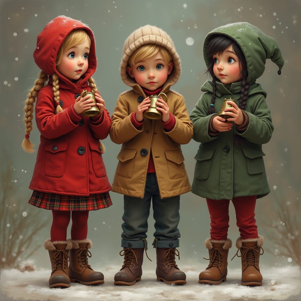 Children Play Carole Hand Bells in Winter Coats