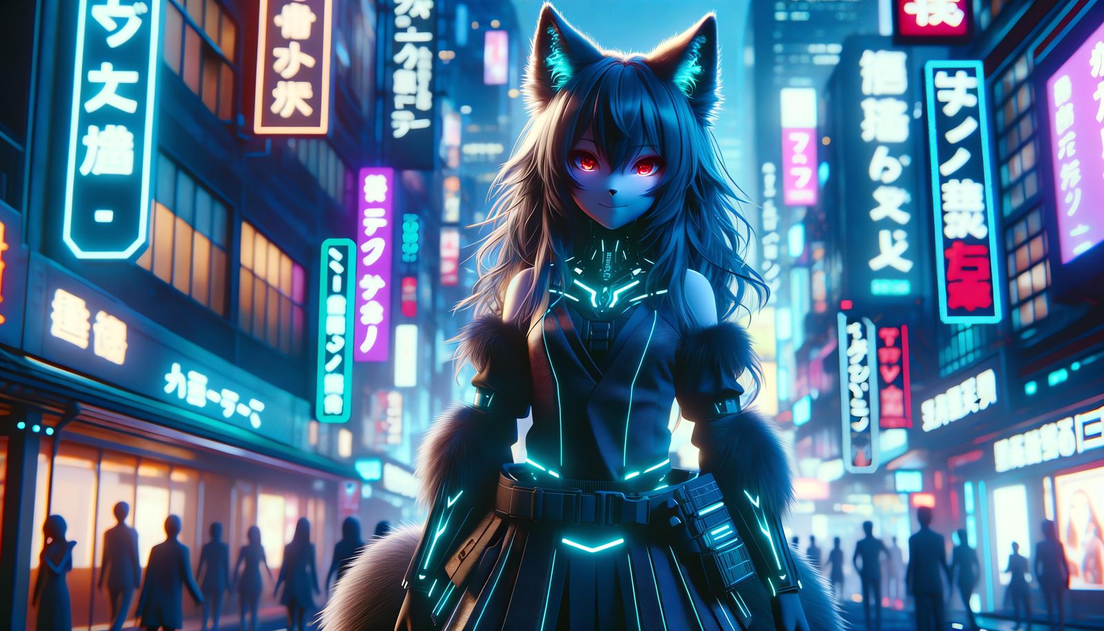 Cyberpunk Anime Wolf-Girl in Neon Cityscape