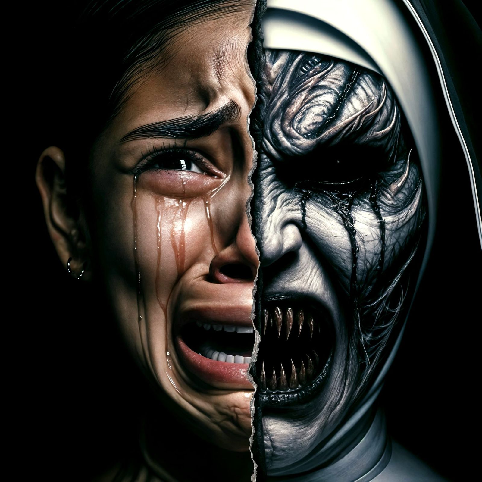 Dual Portrait: Terrified Nun vs. Demonic Entity