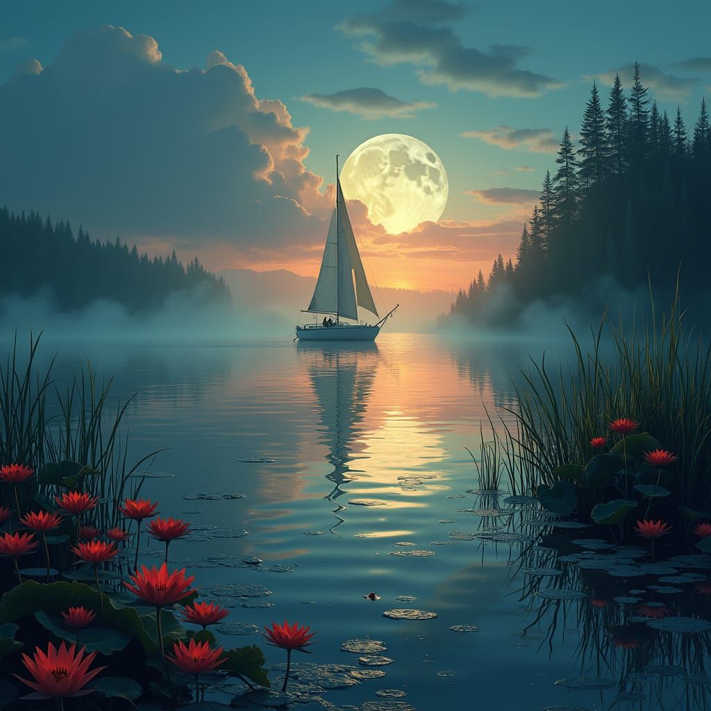 Mystical Sailboat on Moonlit Lake at Sunset