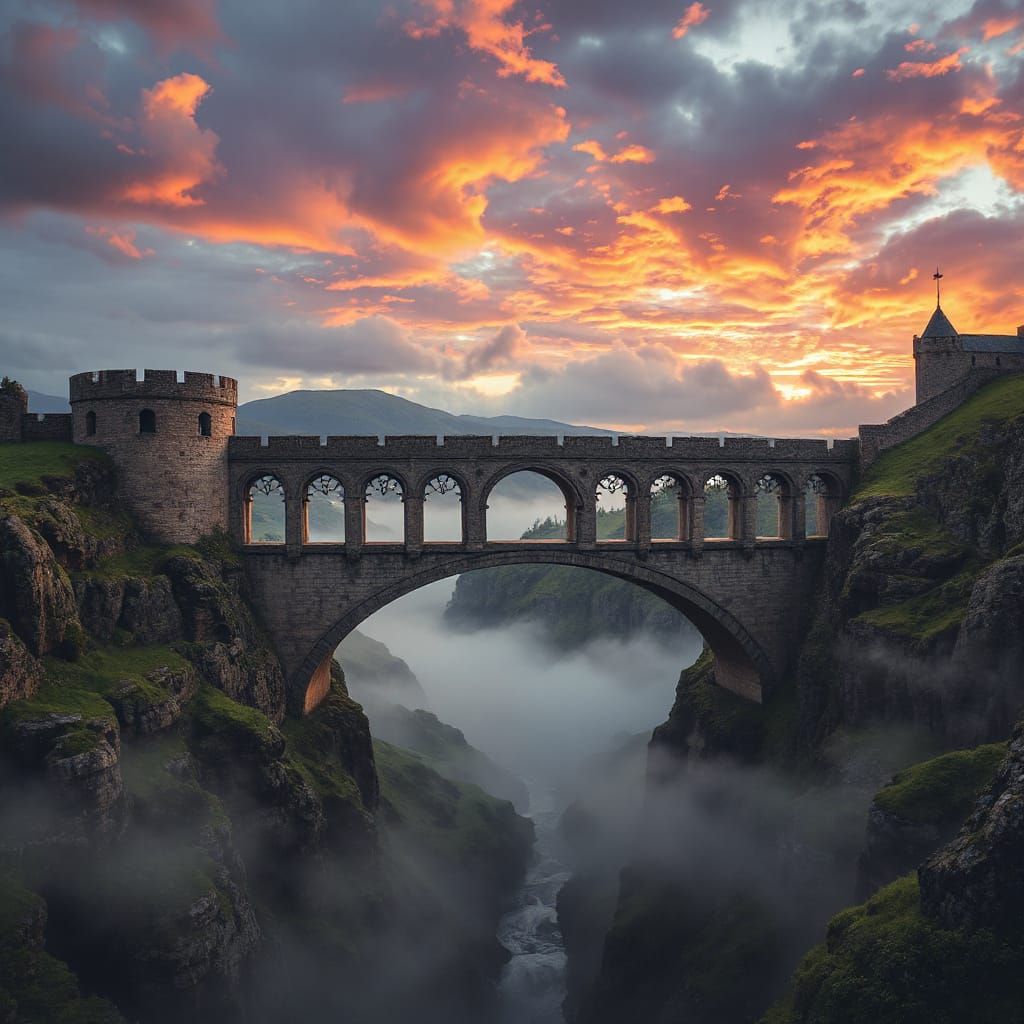 Majestic Gothic Bridge Over A Primeval Gorge in a Fantasy Wi...
