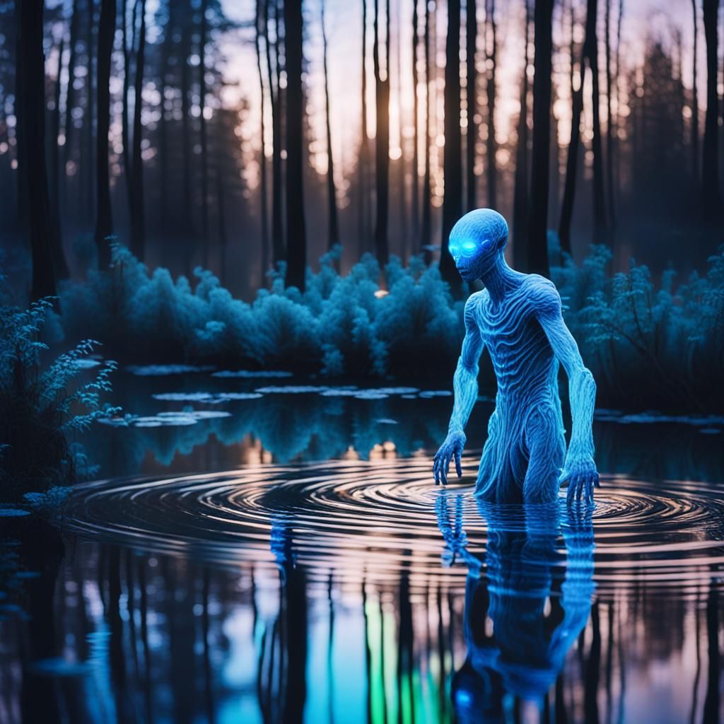 Ethereal Being Gazes at Colorful Reflection