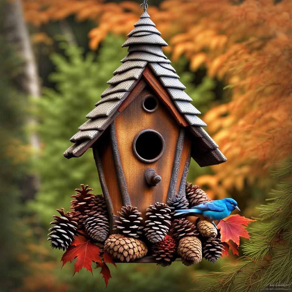 Magical Birdhouse Made of Pine Cones and Forest Decor