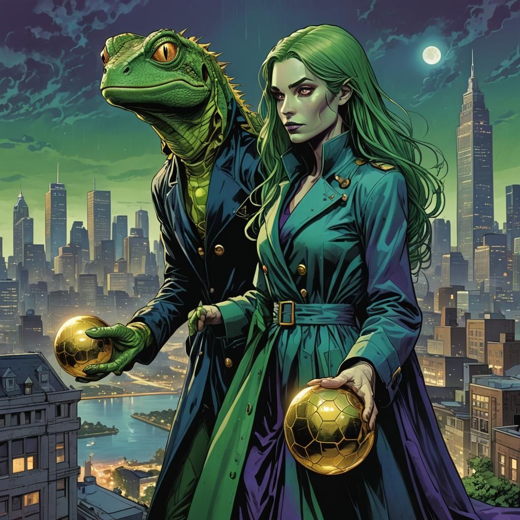 Lizard Woman with Frog Man in Cityscape