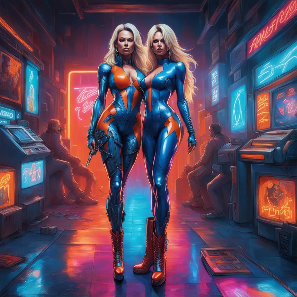 Hyperrealistic full body picture of two standing Pamela Anderson and big breast and long legs and intricately muscular b...