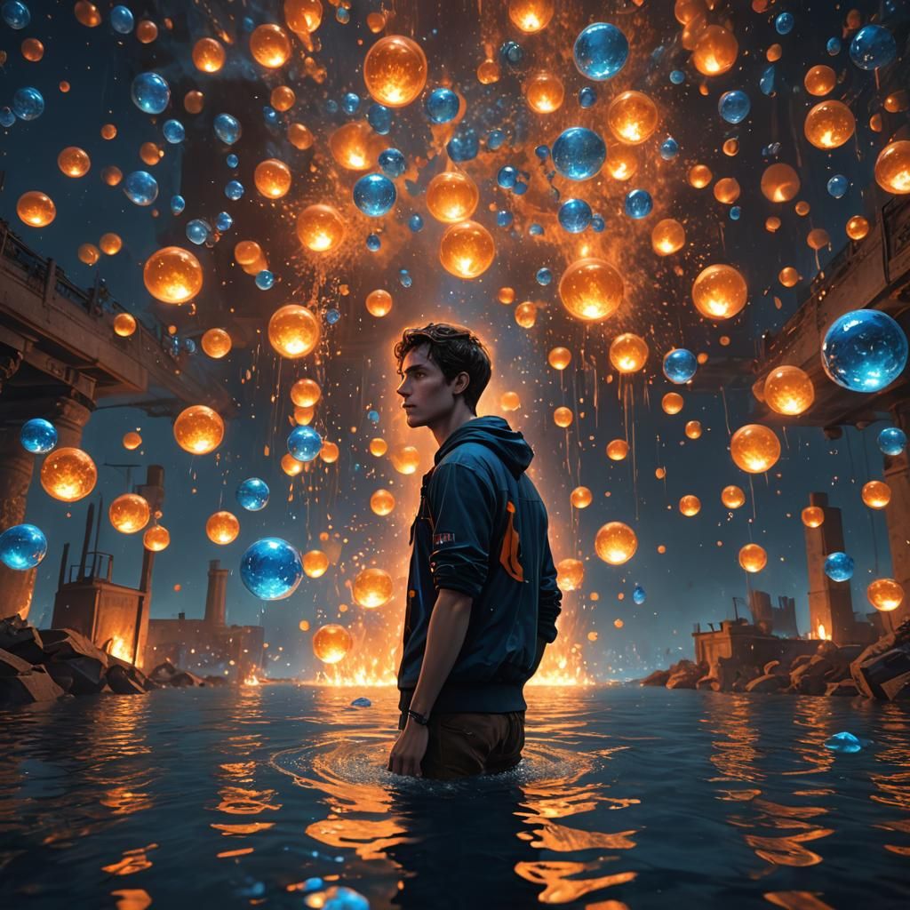 Man Gazing at Water with Floating Fireballs