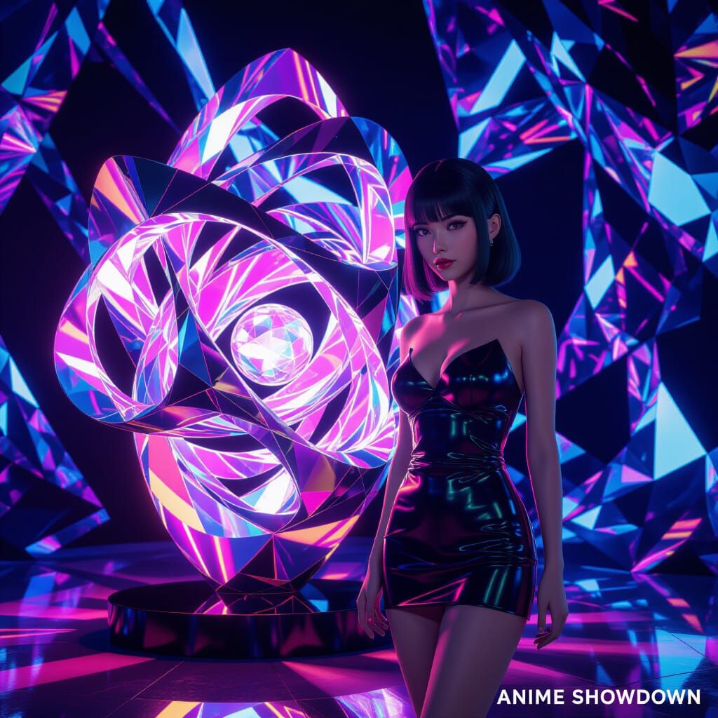 Concept Art: Woman Beside Glowing Iridescent Sculpture