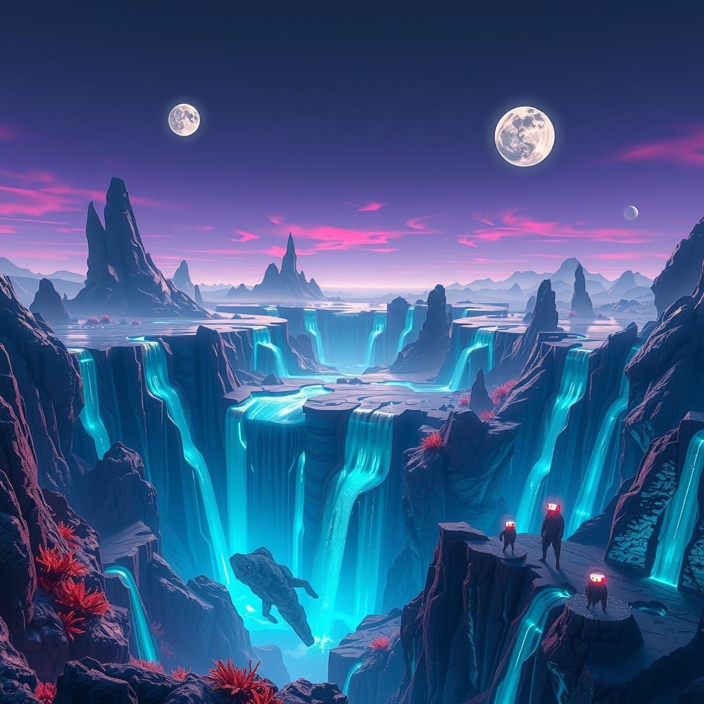 Alien Planet with Bioluminescent Flora in 3D