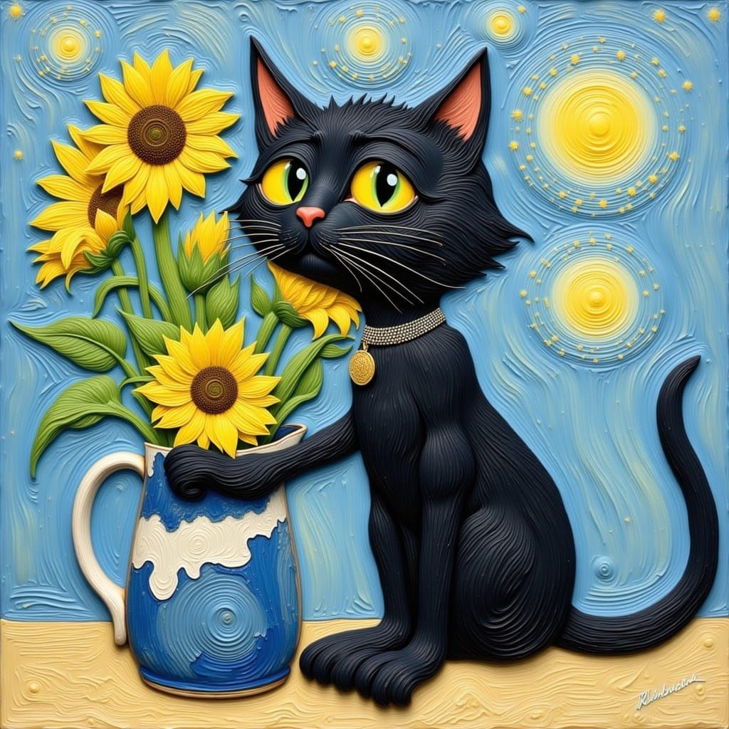 Black Cat with Sunflowers in Van Gogh Style