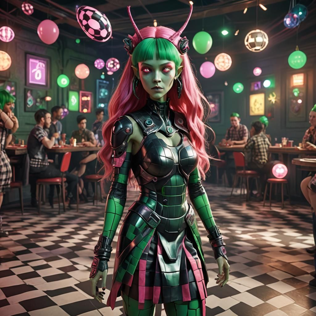 Alien Woman in Checkered Dress: 3D Game Cinematic