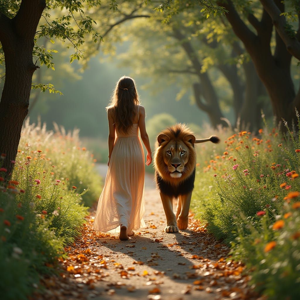 Woman and Lion Stroll Through Forest in Photorealistic Style