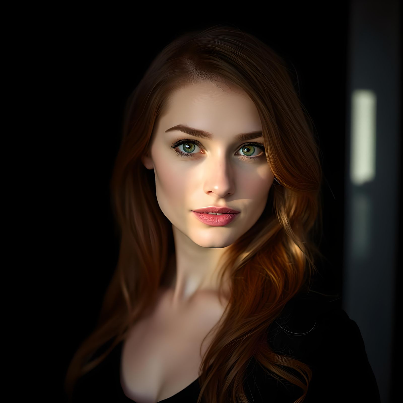 Dramatic Portrait of Auburn-Haired Woman in Dark Room