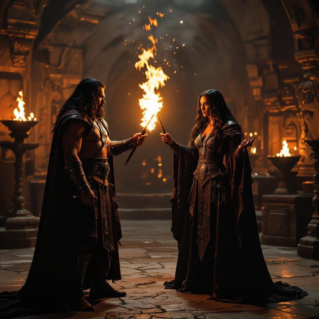 Hyborian Sorceress Casts Spell in Torchlit Chamber