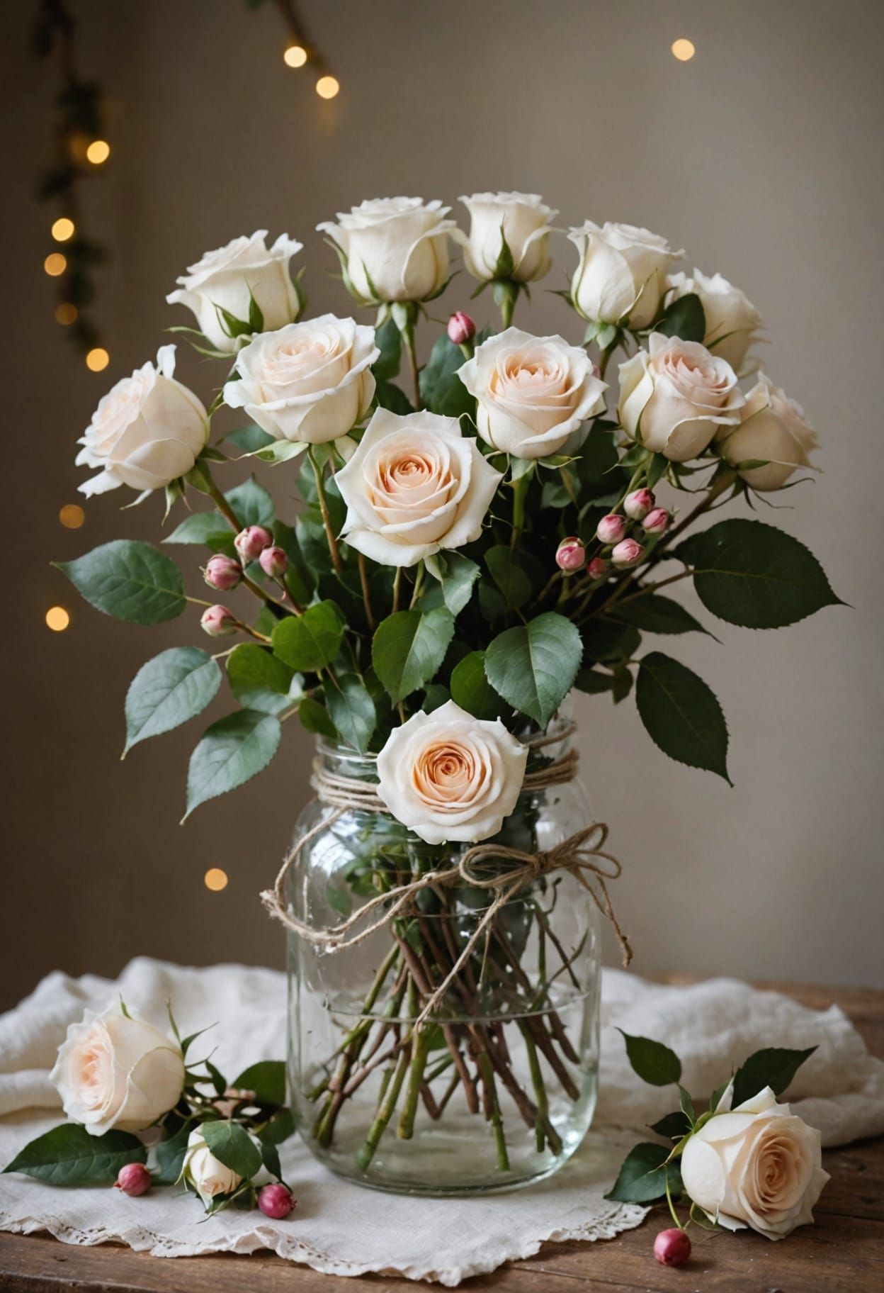 Vintage Christmas Still Life with Roses and Lights