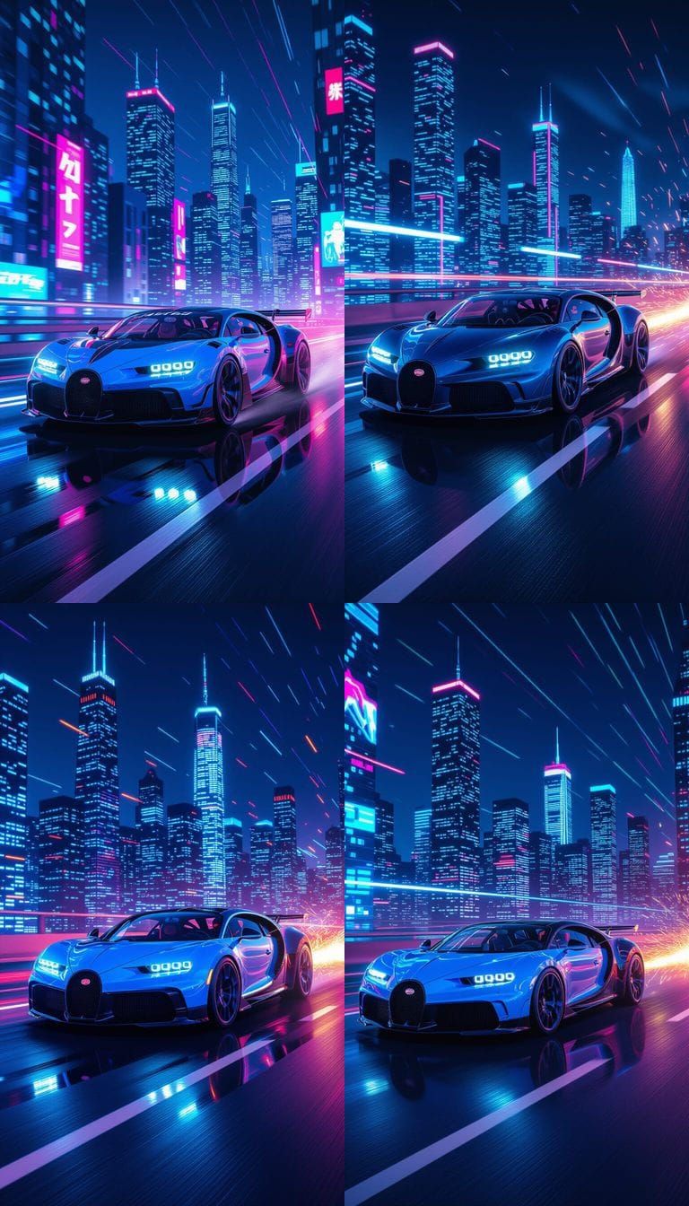 Bugatti Chiron on Neon Highway in Anime-Realism